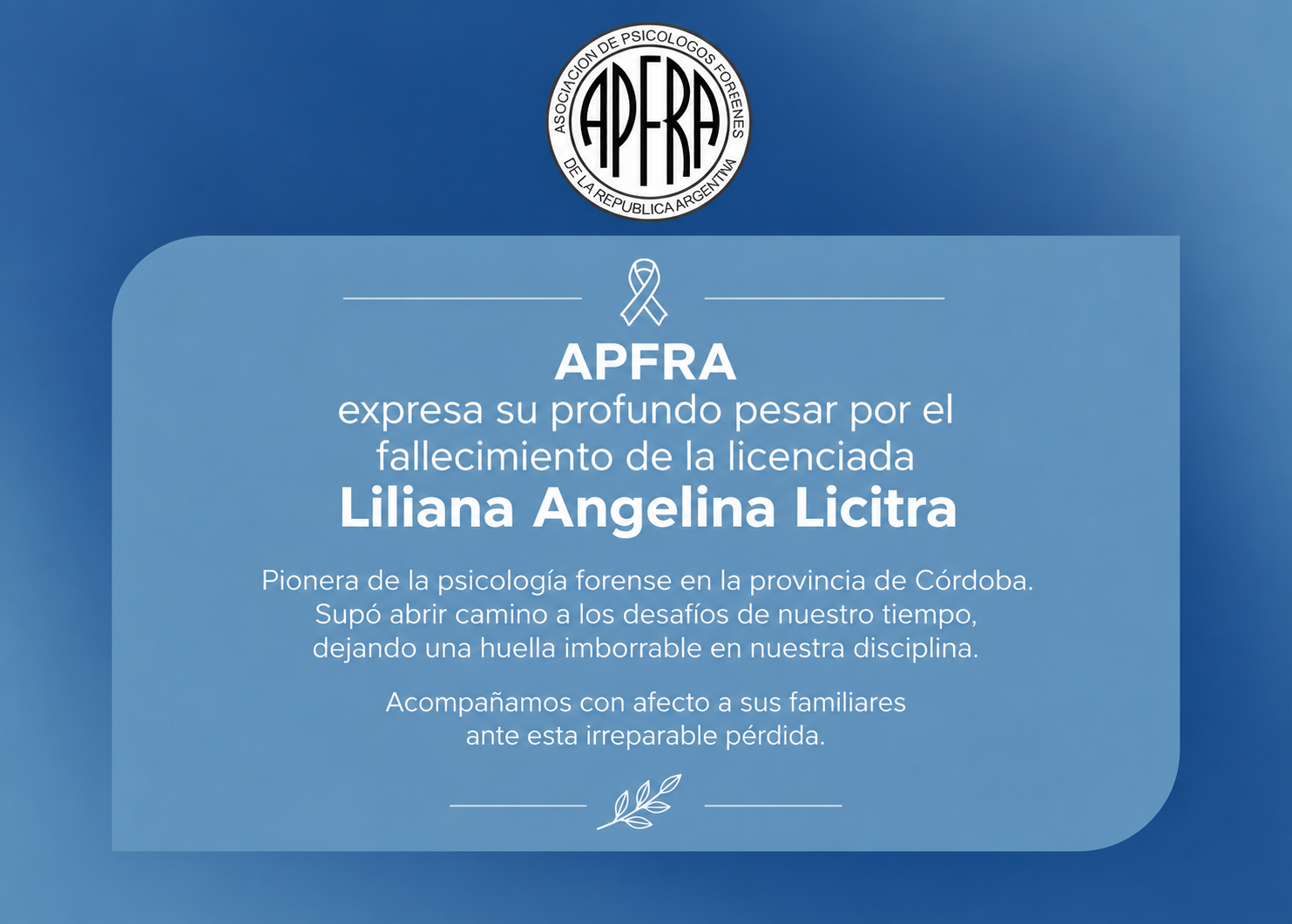 APFRA expresa su profundo pesar por el fallecimiento de la licenciada Liliana Angelina Licitra